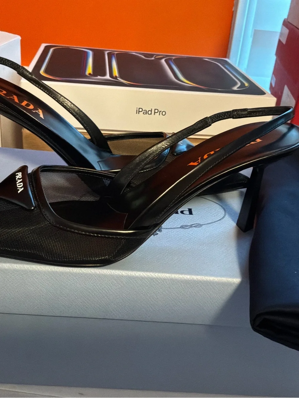 Prada Black Pointed Slingback Pumps with Logo Plaque